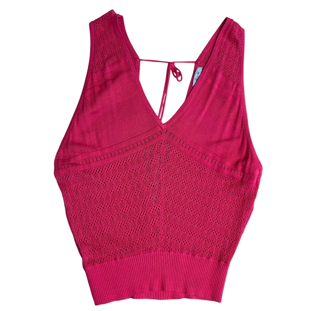 Do & Be Hot Pink Pointelle Knit V-Neck Wrap Back Tank Top Sleeveless Ribbed Hem - Picture 1 of 11